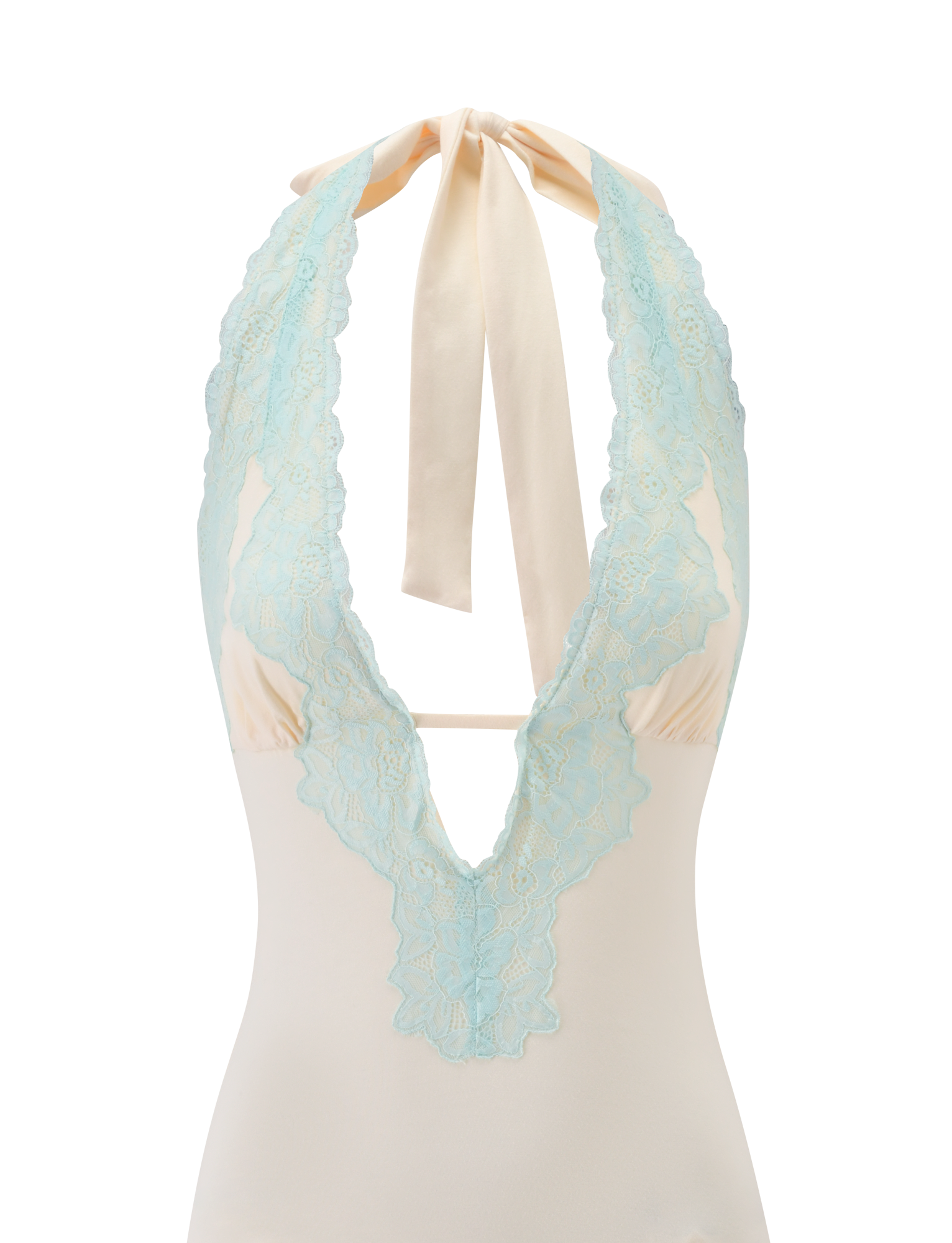 Introducing the TALIYAH MINI DRESS - CREAM AND MINT LACE from TIGERMIST: a cream mini dress featuring a halter neckline with a deep V cut, beautifully accented by mint lace trim and finished with a wide cream neck tie—delivering flirty elegance in a chic, effortless silhouette perfect for summer.