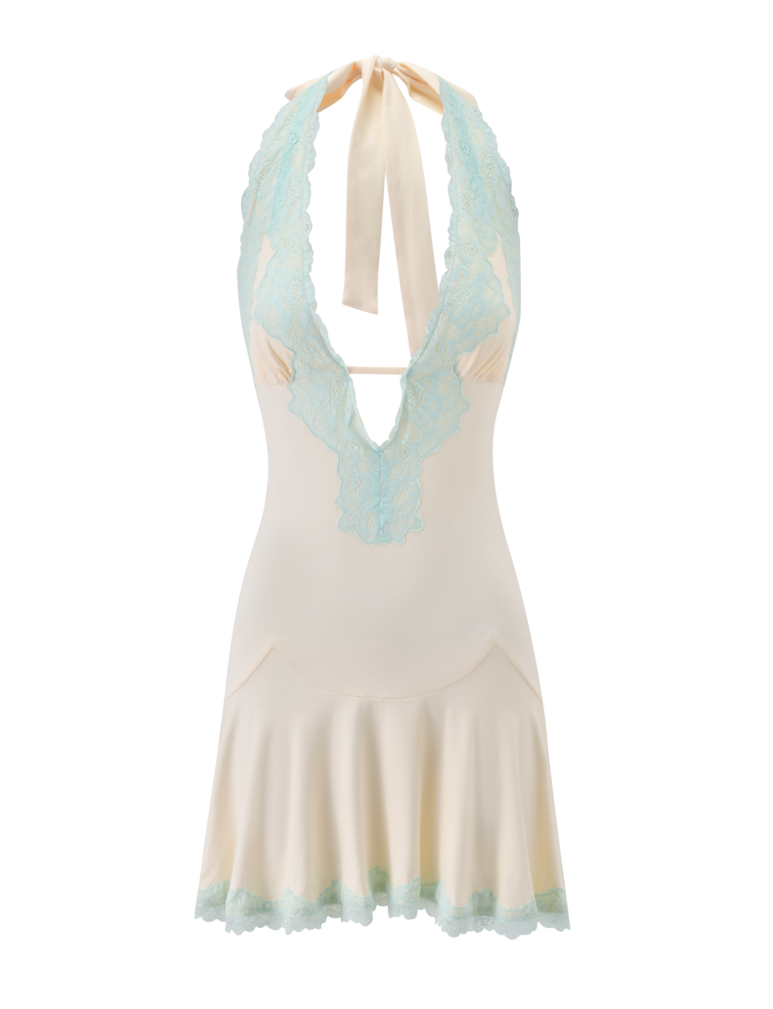 The TALIYAH MINI DRESS by TIGERMIST features a cream color with mint lace trim, a halter neck, deep V-neckline, and flared hem; this summer mini dress is displayed against a white background.