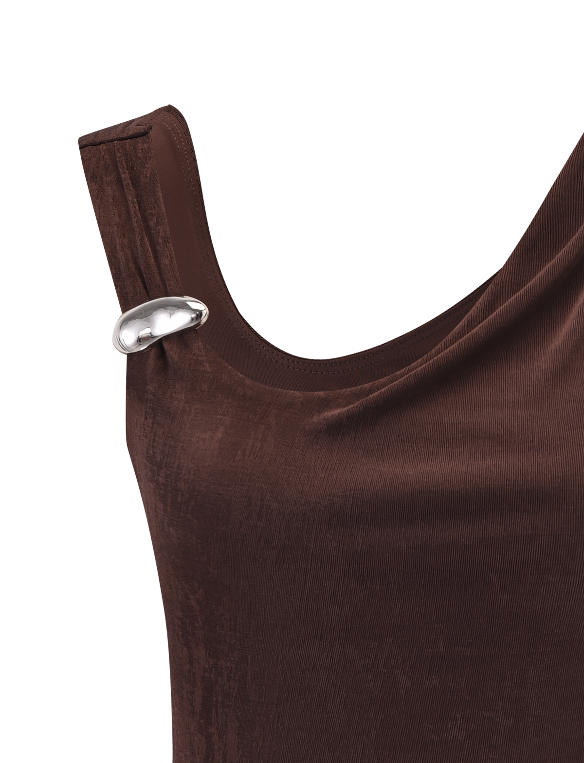A close-up of the TIGERMIST CASSIAN TOP - CHOCOLATE, a velvet tank top with a silver oval-shaped decorative pin near the left shoulder.