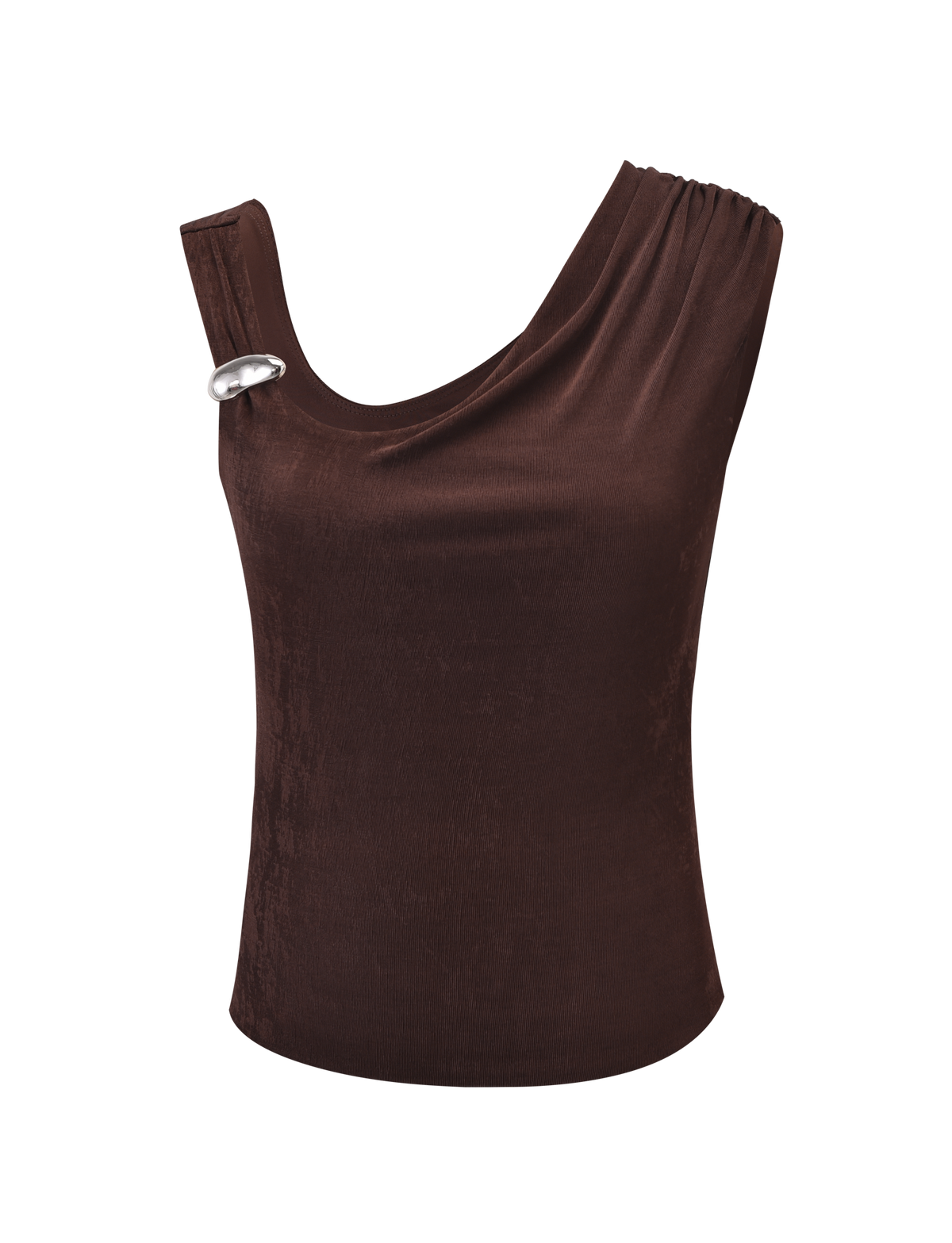 The CASSIAN TOP - CHOCOLATE by TIGERMIST is a sleeveless, chocolate brown tank in slinky jersey, featuring an asymmetrical neckline and a silver decorative pin on one shoulder.