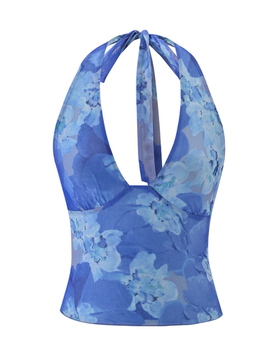 The TIGERMIST DEVYN TOP in Blue Macro Floral features a halter neck tie, high stretch fabric for a comfy bodycon fit, and a fitted, slightly flared silhouette.
