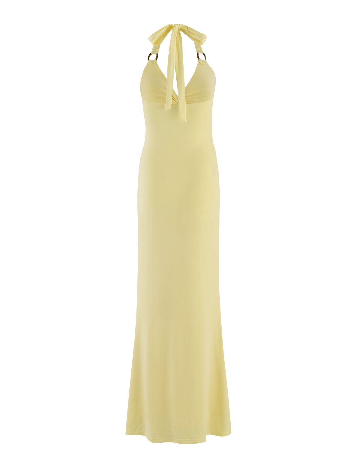 The ZENEVA MAXI DRESS by TIGERMIST in Lemon is a light yellow, sleeveless, floor-length halter dress with a fitted bodice, open back, and wide neck bow in buttery jersey.