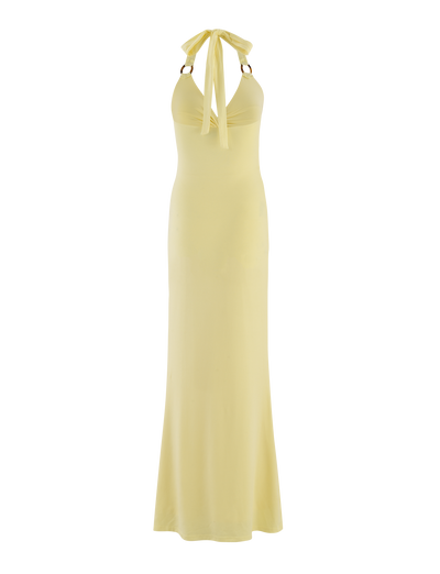 The ZENEVA MAXI DRESS by TIGERMIST in Lemon is a light yellow, sleeveless, floor-length halter dress with a fitted bodice, open back, and wide neck bow in buttery jersey.