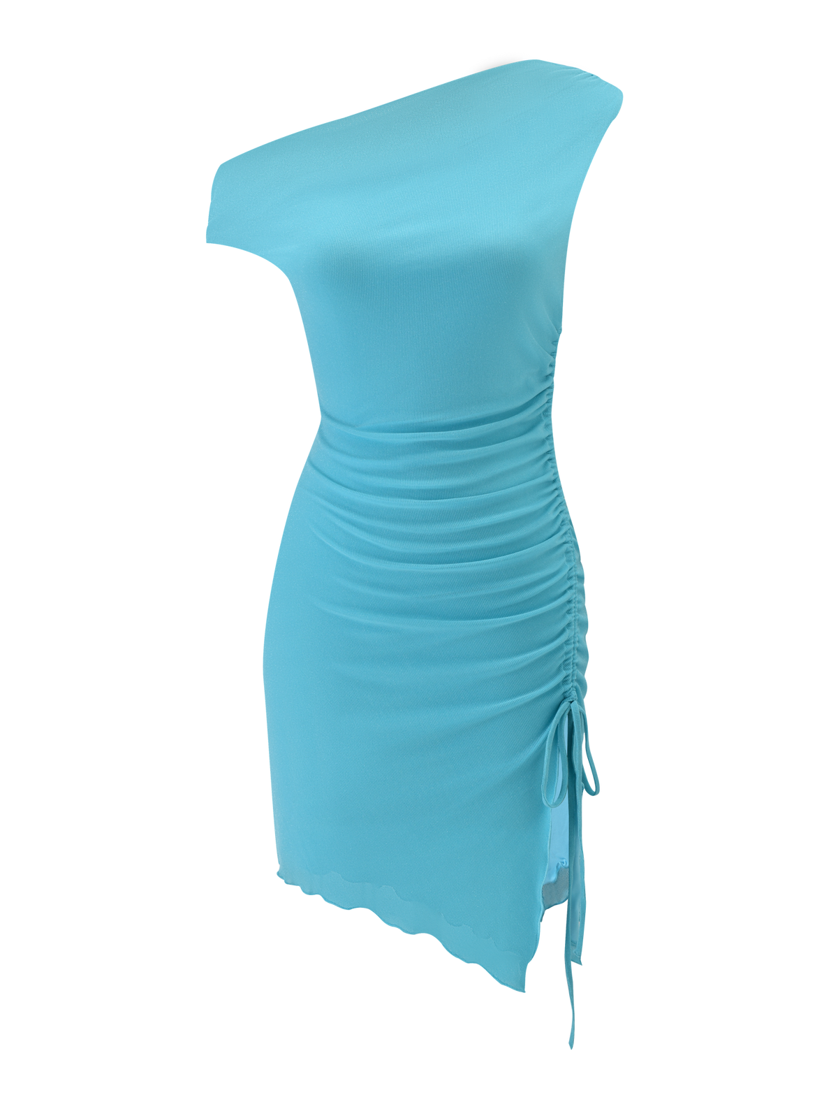 The ELWYN MINI DRESS - BLUE by TIGERMIST features a one-shoulder design, side ruching with a drawstring for a fitted look, smooth stretchy fabric, and an asymmetrical hemline for chic style.