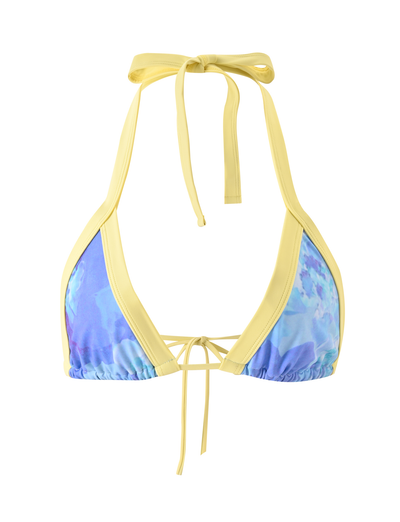 The TIGERMIST EMBERLAIN BIKINI TOP - BLUE MACRO FLORAL features yellow straps and trim, blue floral print, purple tie-dye cups, and adjustable string ties at the back and neck.