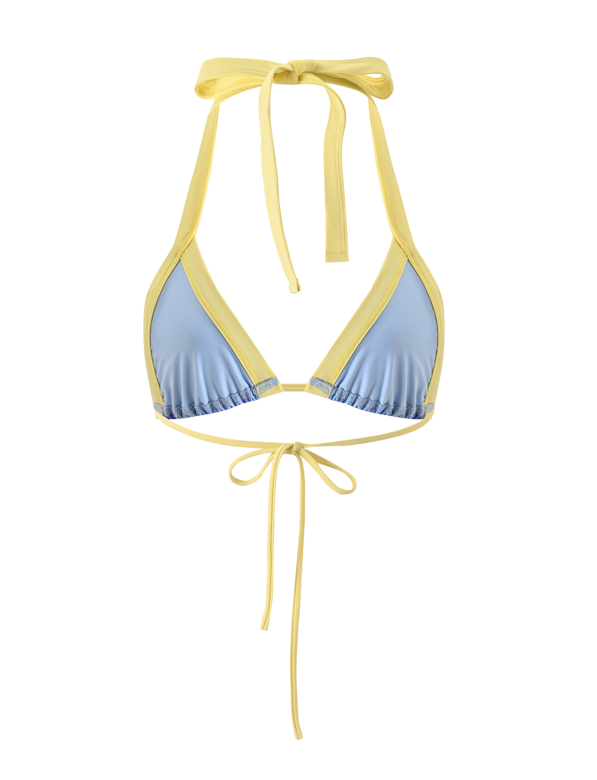 The TIGERMIST EMBERLAIN BIKINI TOP - BLUE MACRO FLORAL features a light blue floral print with yellow trim, halter neck ties, and a back tie closure, shown on a white background.