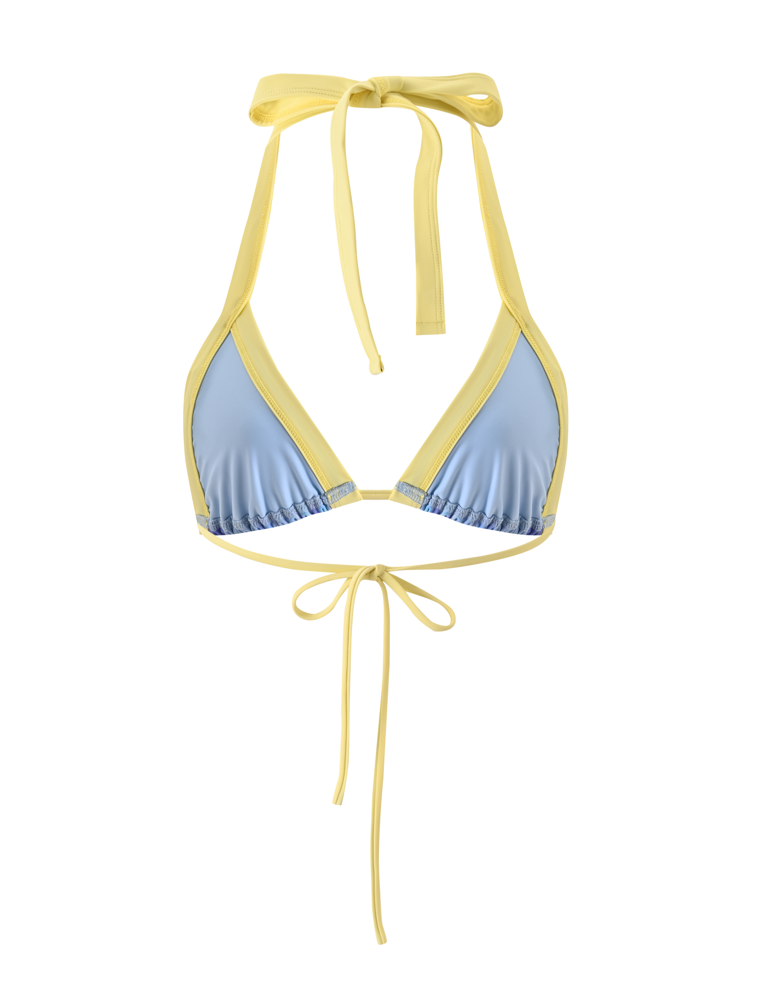 The TIGERMIST EMBERLAIN BIKINI TOP - BLUE MACRO FLORAL features a light blue floral print with yellow trim, halter neck ties, and a back tie closure, shown on a white background.