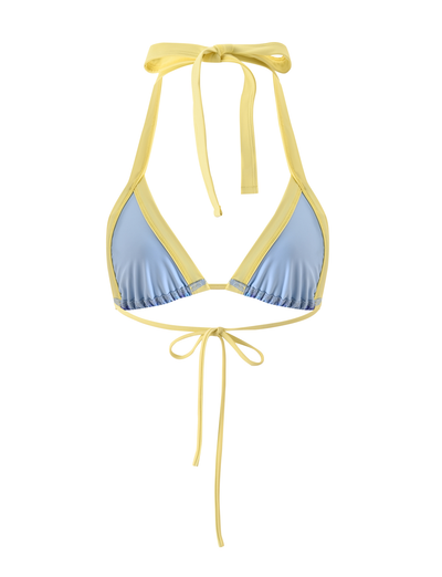 The TIGERMIST EMBERLAIN BIKINI TOP - BLUE MACRO FLORAL features a light blue floral print with yellow trim, halter neck ties, and a back tie closure, shown on a white background.