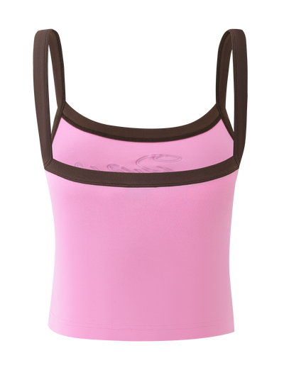 The TIGERMIST MERRYN TANK - PINK is a sleeveless, cropped top with dark brown trim on the straps and neckline, shown against a plain white background.