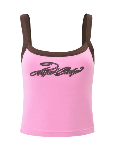 The TIGERMIST MERRYN TANK in pink features wide brown straps, bold black script across the chest, and playful trim—perfect for adding a fun twist to your outfit.