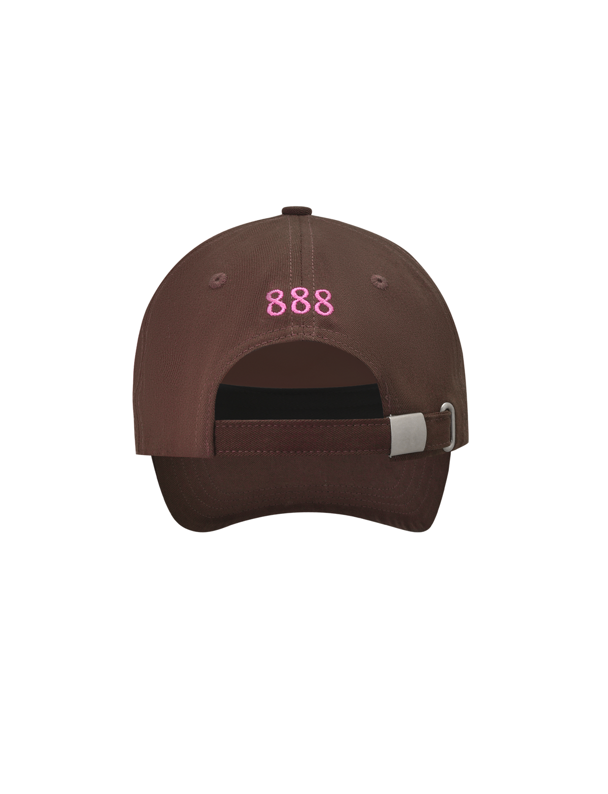 The MERRYN CAP - CHOCOLATE by TIGERMIST is a brown 5-panel hat with "888" embroidered in pink above the adjustable strap and metal buckle at the back.