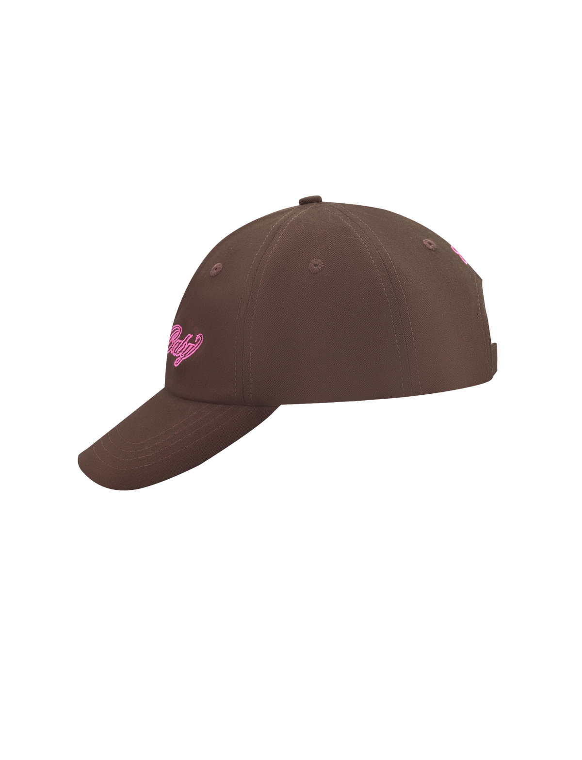The TIGERMIST MERRYN CAP - CHOCOLATE, a brown 5 panel hat with pink embroidered front text, is displayed from a side angle against a plain white background.