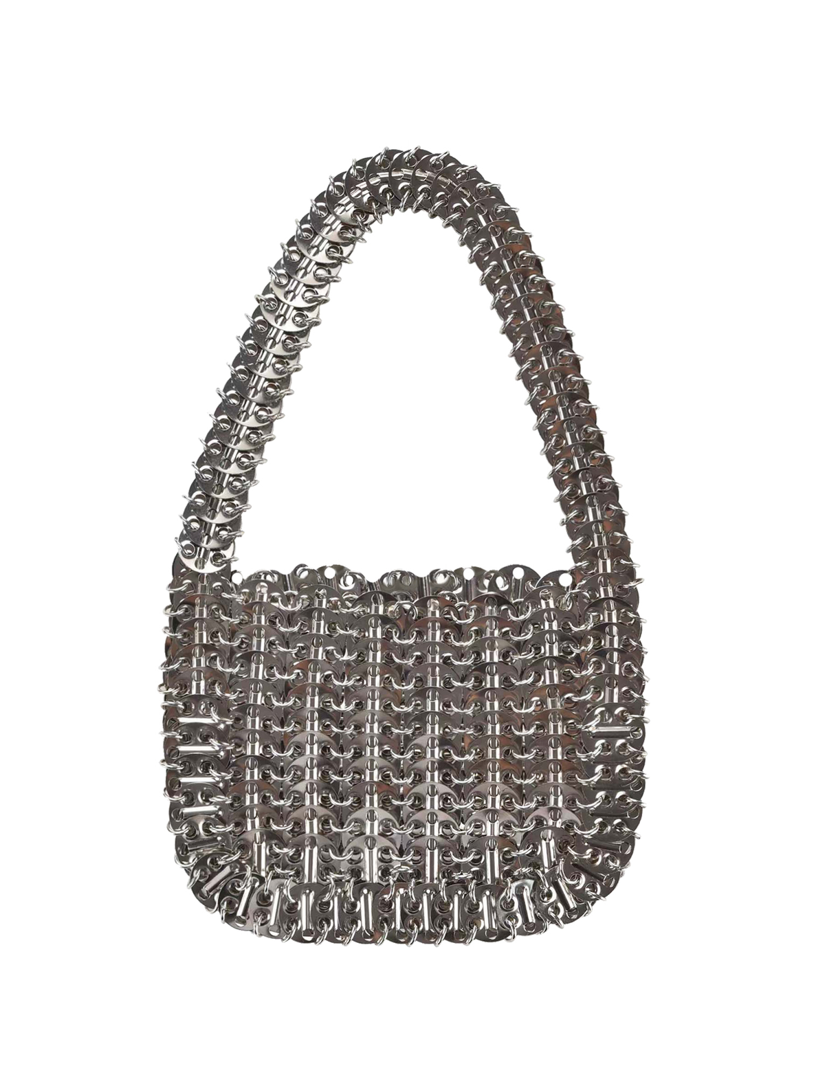 The ZAZA BAG - SILVER by TIGERMIST features interlocked silver aluminum can tabs, a wide handheld strap, and a woven look, presented against a white background.