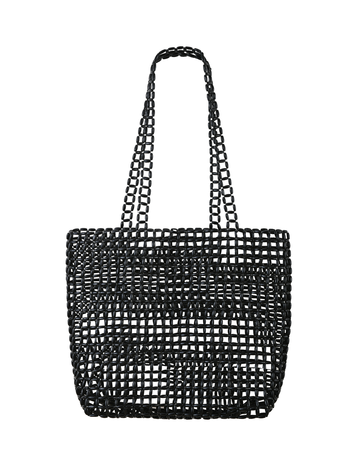 The TIGERMIST LYNX BAG - BLACK is a large beaded tote with open-weave interlocking loops, two handles, and subtle black bead accents for added texture, shown against a plain white background.