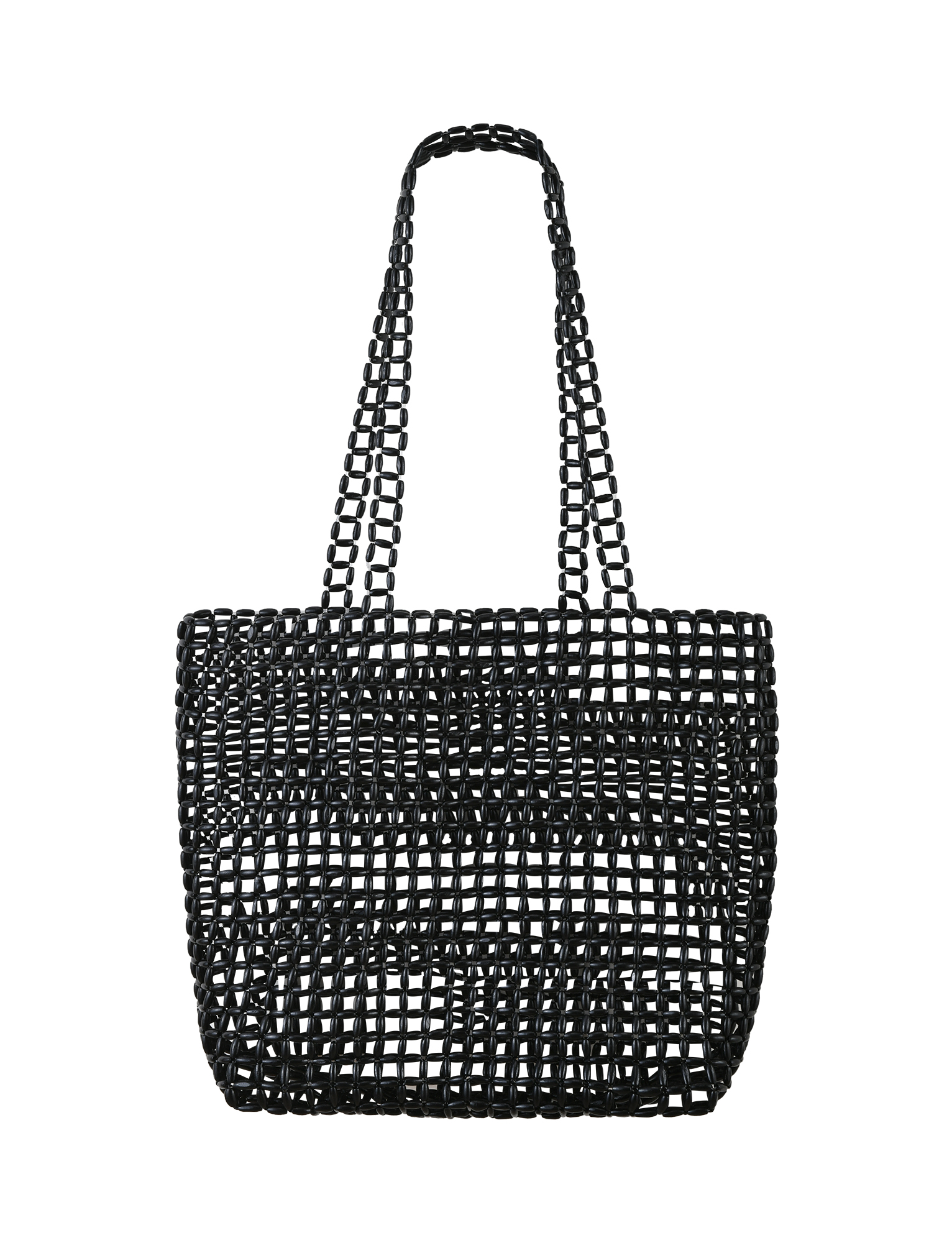 The TIGERMIST LYNX BAG - BLACK is a large beaded tote with open-weave interlocking loops, two handles, and subtle black bead accents for added texture, shown against a plain white background.