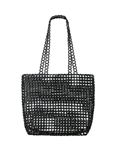 The TIGERMIST LYNX BAG - BLACK is a large beaded tote with open-weave interlocking loops, two handles, and subtle black bead accents for added texture, shown against a plain white background.