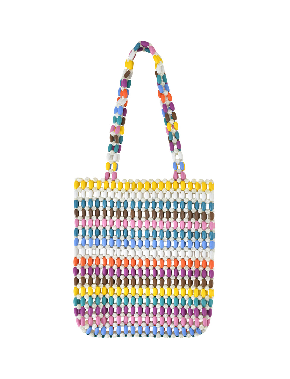 The STORMY BAG - STRIPE by TIGERMIST is a playful, colorful beaded handbag with rainbow-hued, horizontal stripes and a double handle of multicolored beads. It includes an optional shoulder strap for added style and convenience.