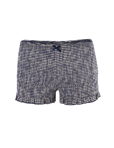 The ERYNN SHORTS - NAVY GINGHAM by TIGERMIST feature blue and white checks, a gathered waistband with a front bow, and ruffled hems for a soft, casual look perfect for effortless style.