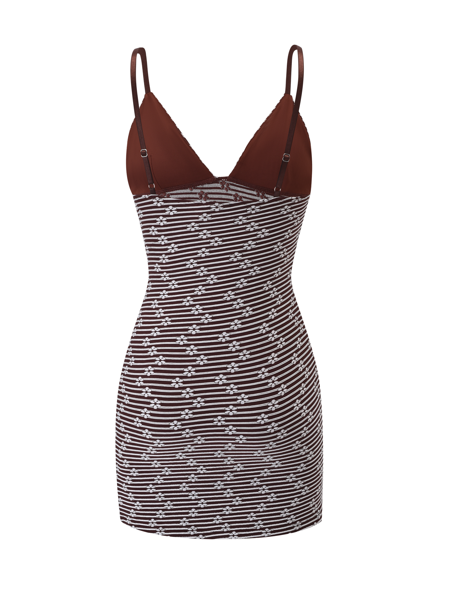 The SAHRA MINI DRESS by TIGERMIST is a sleeveless, body-con style featuring chocolate brown striped cups, black adjustable straps, and a bold black-and-white geometric zigzag pattern on the main body.