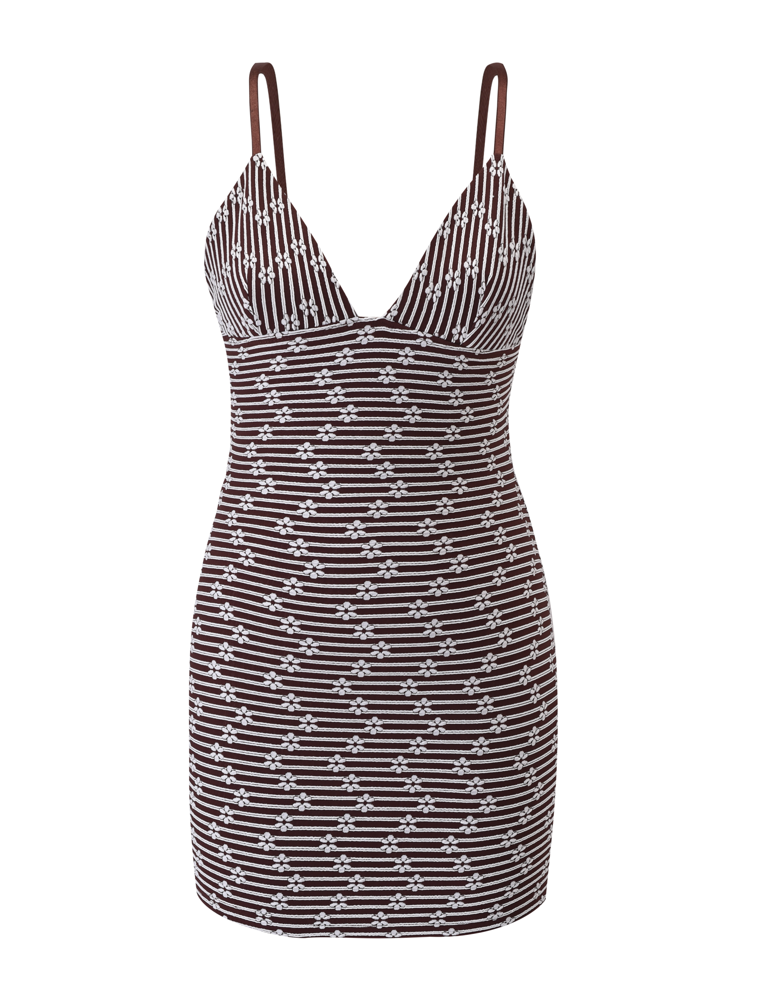 The SAHRA MINI DRESS by TIGERMIST features a sleeveless, fitted silhouette with thin straps, chocolate brown stripes, a deep V-neckline with a small center cutout, and a geometric-inspired pattern.