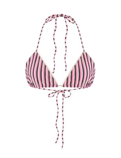 The TIGERMIST DAZZLE BIKINI TOP - STRIPE is a high-stretch halter neck bikini top with pink, black, and white vertical stripes and back tie closures.