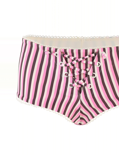 The DAZZLE BIKINI BOTTOM - STRIPE by TIGERMIST is a high-waisted bikini bottom with vertical pink, black, and white stripes, a front lace-up design with white laces, and scallop lace trim.