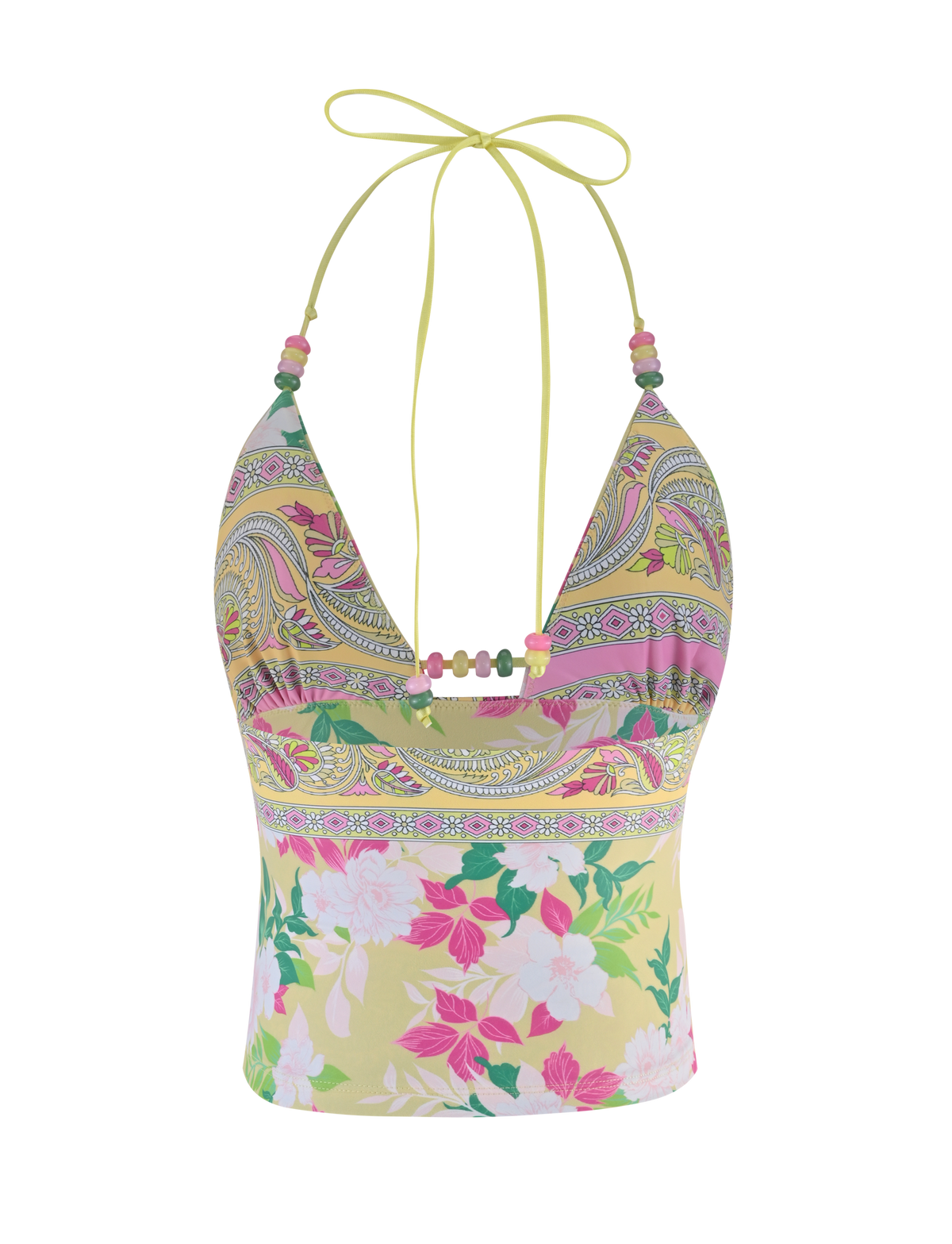 The TIGERMIST FINLEA TANKINI TOP - PAISLEY BORDER features a colorful halter-neck with a pink, yellow, and green paisley bust, and a light yellow section adorned with pink and white flower prints and green leaves.