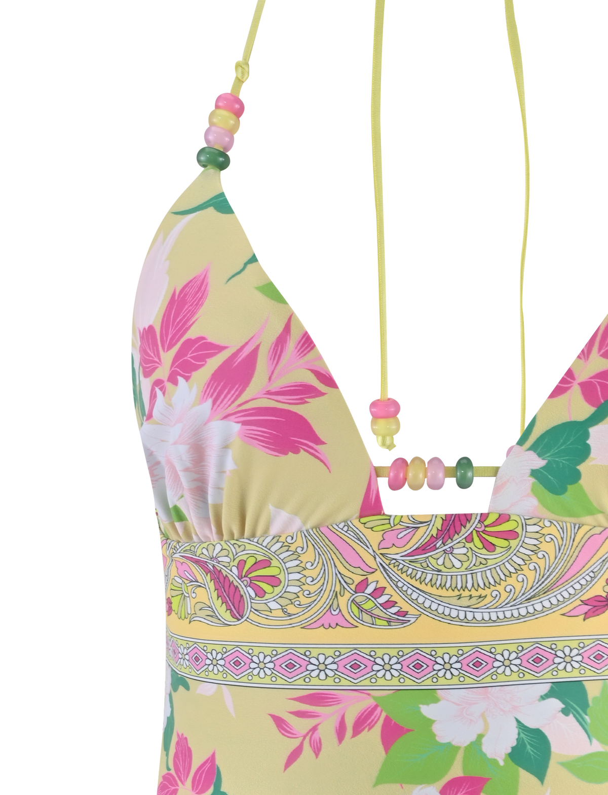 The FINLEA TANKINI TOP by TIGERMIST features a yellow paisley border print with pink and white florals and pastel beaded halter neck straps.
