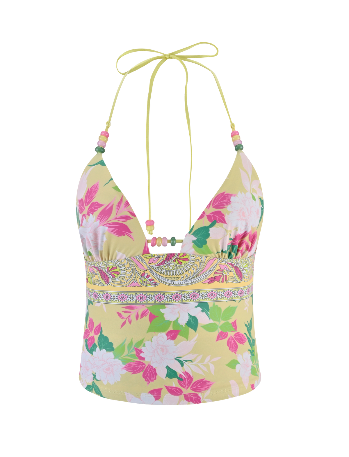 The TIGERMIST FINLEA Tankini Top - Paisley Border is a yellow halter-neck swim top with a pink, green, and white paisley floral print, deep V-neckline, gathered bust, and a decorative band for added flair.