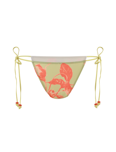 The TIGERMIST AVE 2PC BIKINI BOTTOM - POP FLORAL features a light yellow base with a red-orange leaf print and adjustable side ties detailed with red and yellow beads, offering a playful twist on the classic floral bikini.