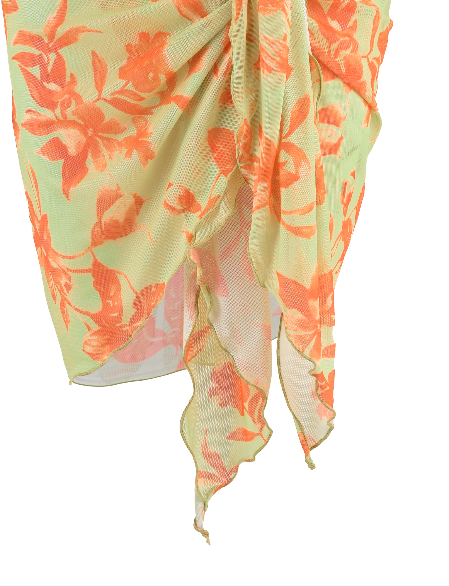 A sheer light green sarong with orange floral prints and an asymmetrical hem, draped at the waist—perfect to pair with the TIGERMIST AVE 2PC BIKINI BOTTOM - POP FLORAL.