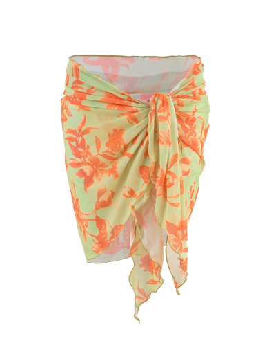 A sheer, light yellow sarong with an orange floral pattern knotted at the front pairs perfectly with the TIGERMIST AVE 2PC BIKINI BOTTOM - POP FLORAL for a breezy beachwear or summer look.