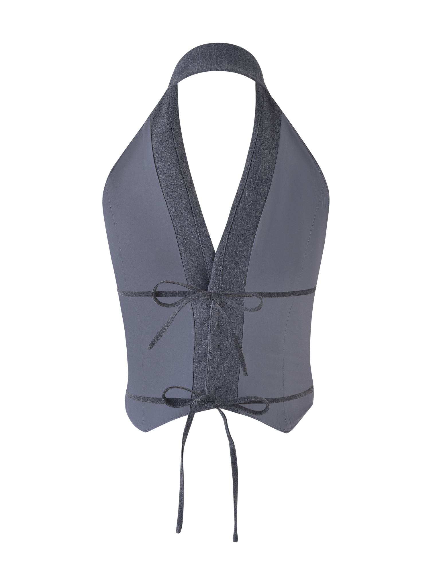 The FEDRA VEST - GREY by TIGERMIST is a gray, backless halter crop top with a tailored fit, deep V-neck, denim-like trim, and tie closures at the waist and neck.