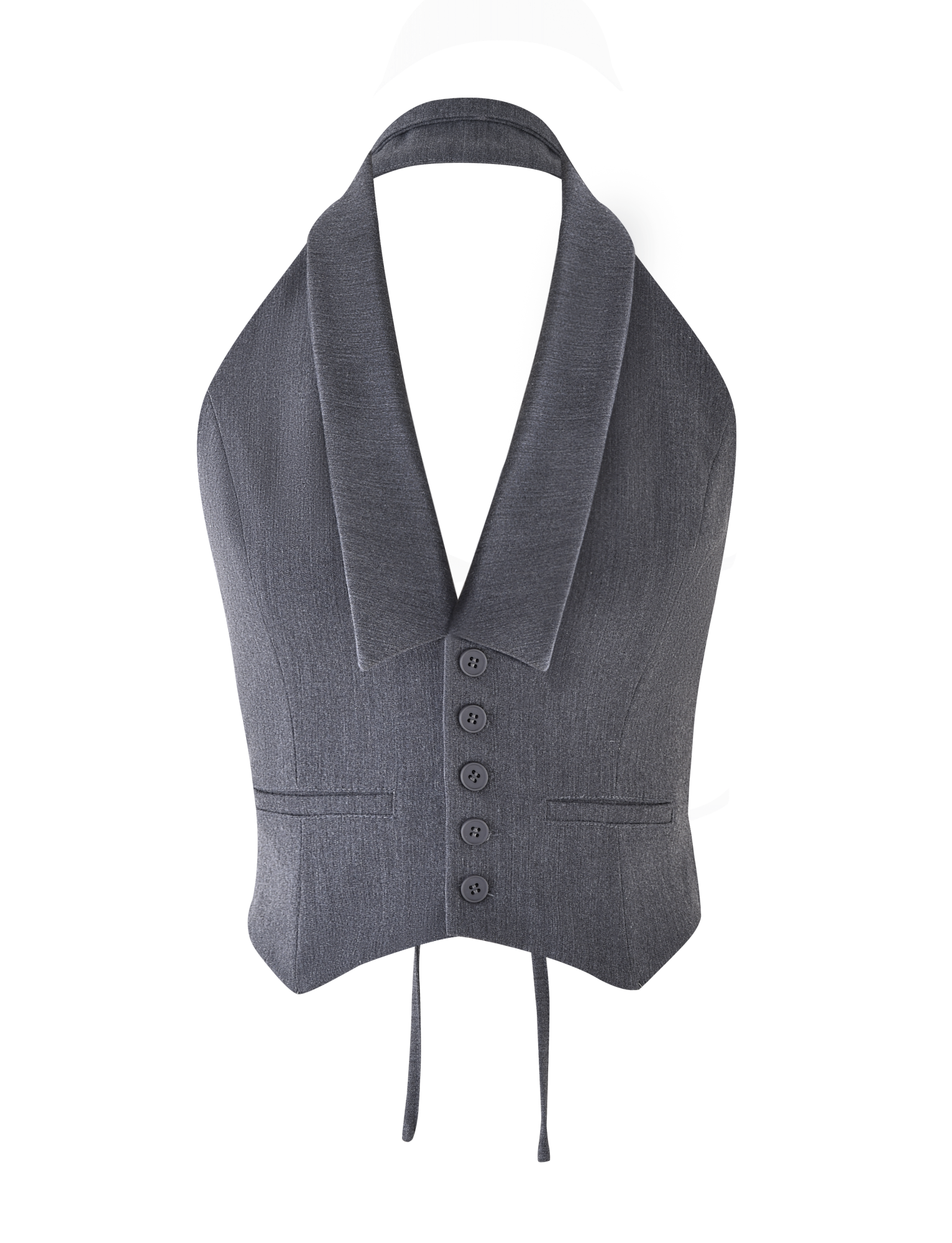 The FEDRA VEST - GREY by TIGERMIST is a tailored fit suiting vest with a wide shawl collar, five front buttons, two small pockets, and a neck strap, shown against a plain background.