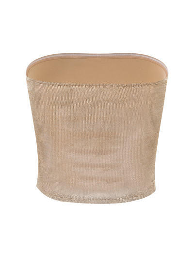 The HARRIETT TUBE TOP by TIGERMIST is a strapless, gold mesh top with a luxe, shimmery finish, crafted from premium sparkle fabrics and shown on a plain white background.