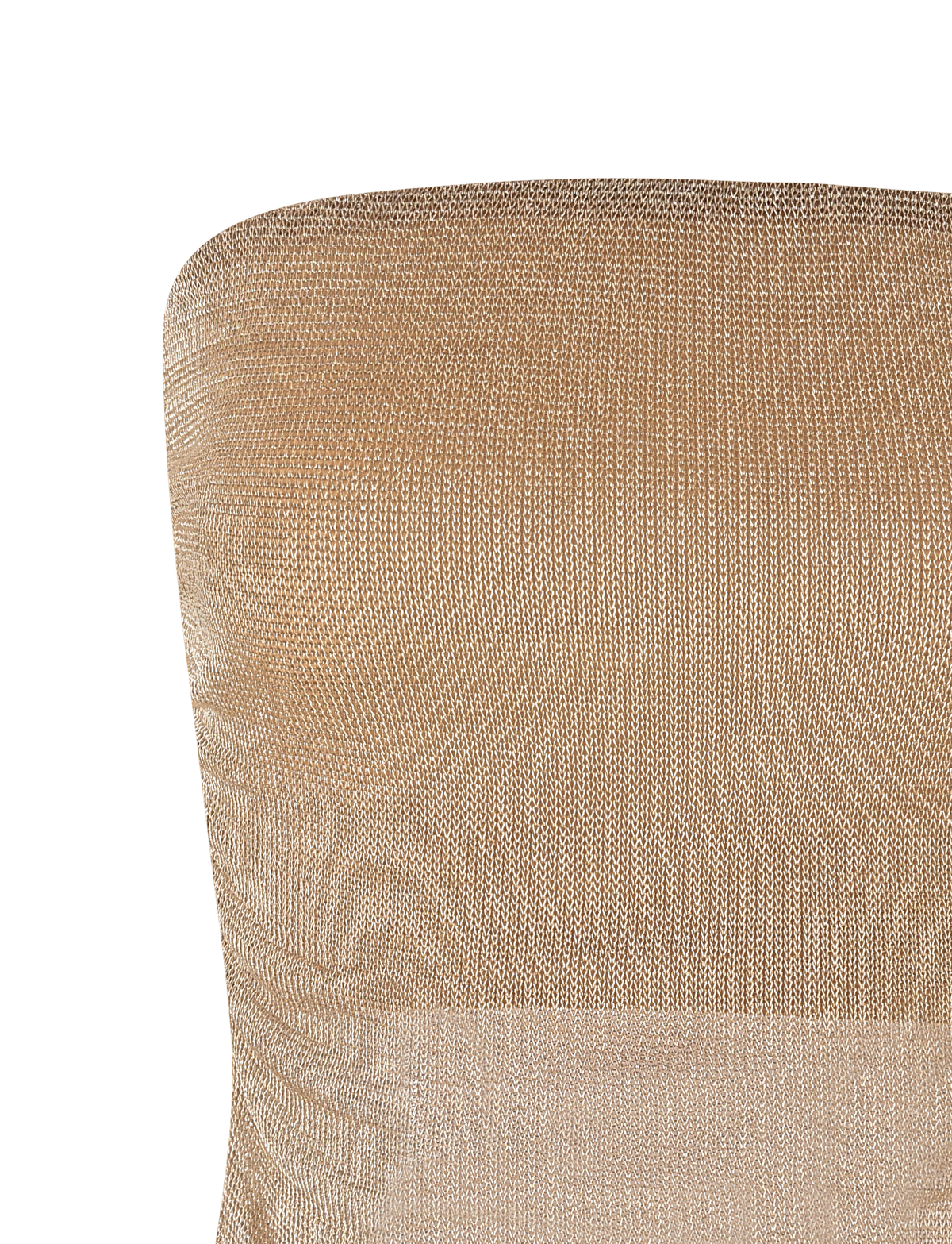 Close-up of the TIGERMIST HARRIETT TUBE TOP - GOLD: a fitted, gold metallic mesh fabric with slight texture, highlighting its shimmer against a white background.