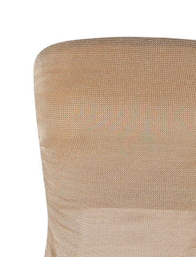 Close-up of the TIGERMIST HARRIETT TUBE TOP - GOLD: a fitted, gold metallic mesh fabric with slight texture, highlighting its shimmer against a white background.