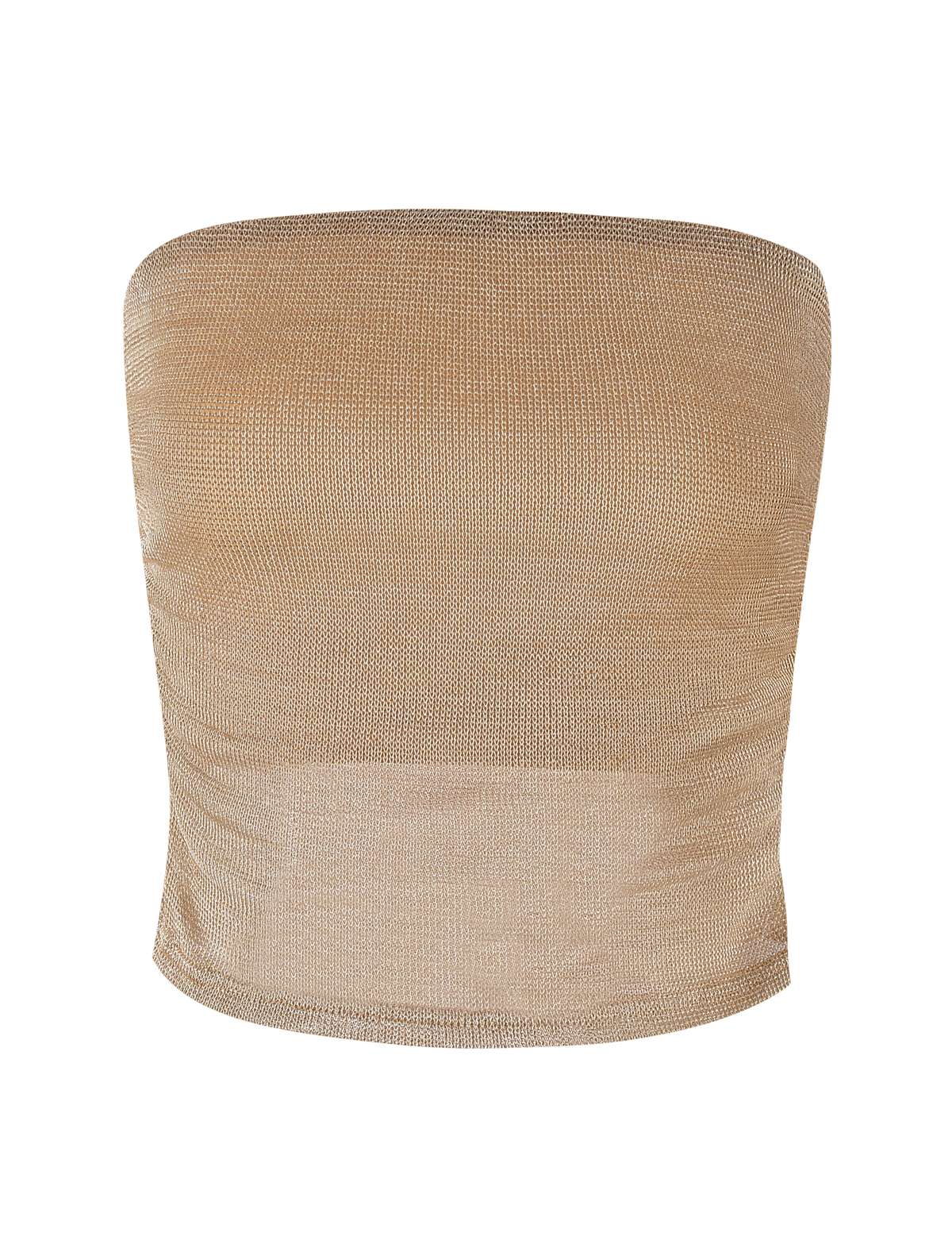 The TIGERMIST HARRIETT TUBE TOP - GOLD is a strapless, fitted metallic gold mesh top with subtle shimmer and slight side ruching, shown against a white background—ideal for sparkle fabric lovers.