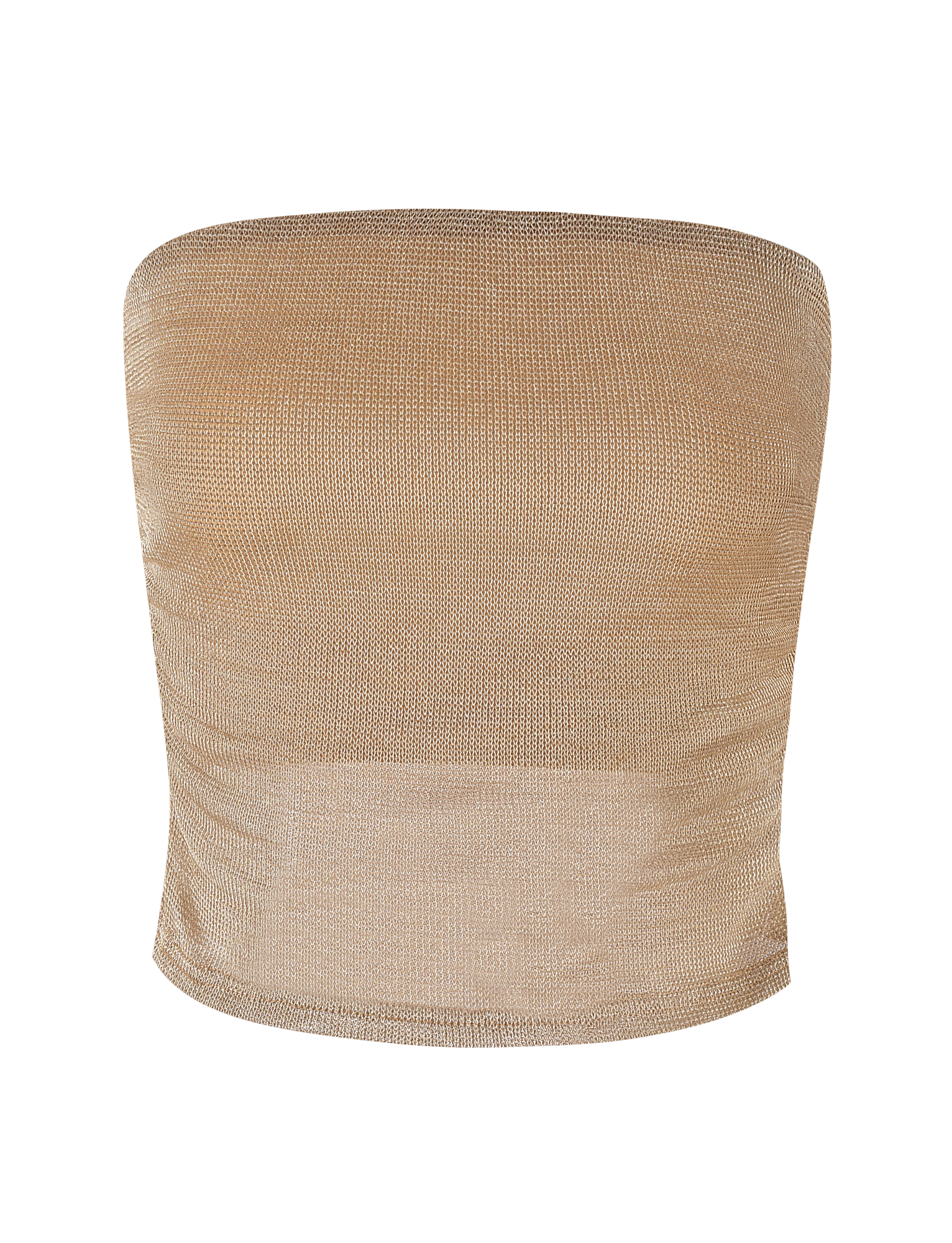 The TIGERMIST HARRIETT TUBE TOP - GOLD is a strapless, fitted metallic gold mesh top with subtle shimmer and slight side ruching, shown against a white background—ideal for sparkle fabric lovers.