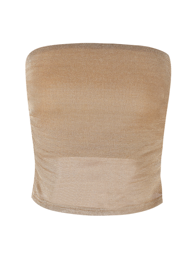 The TIGERMIST HARRIETT TUBE TOP - GOLD is a strapless, fitted metallic gold mesh top with subtle shimmer and slight side ruching, shown against a white background—ideal for sparkle fabric lovers.