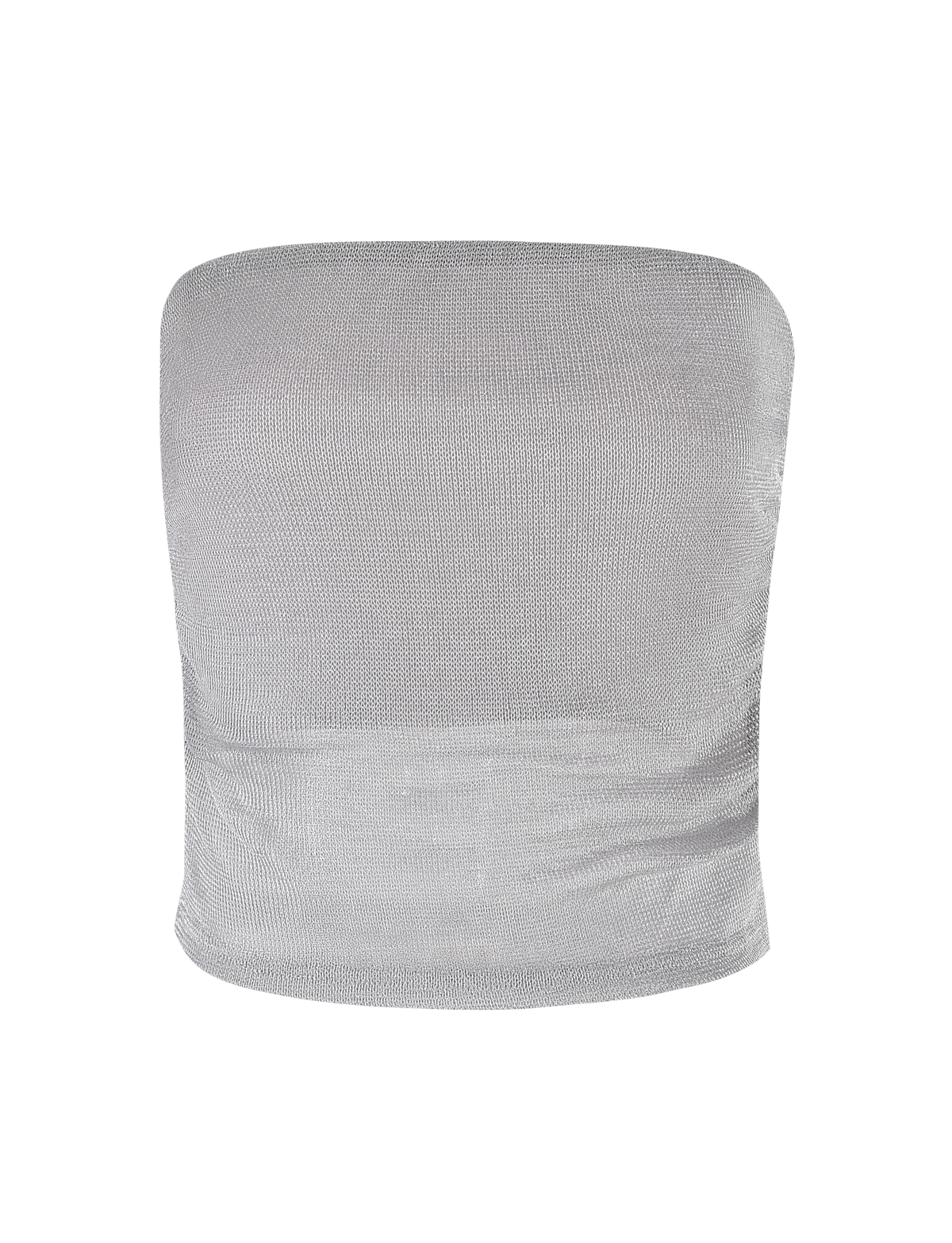 The TIGERMIST HARRIETT TUBE TOP in silver is a strapless, semi-sheer, stretchy sparkle jersey top shown on a white background.
