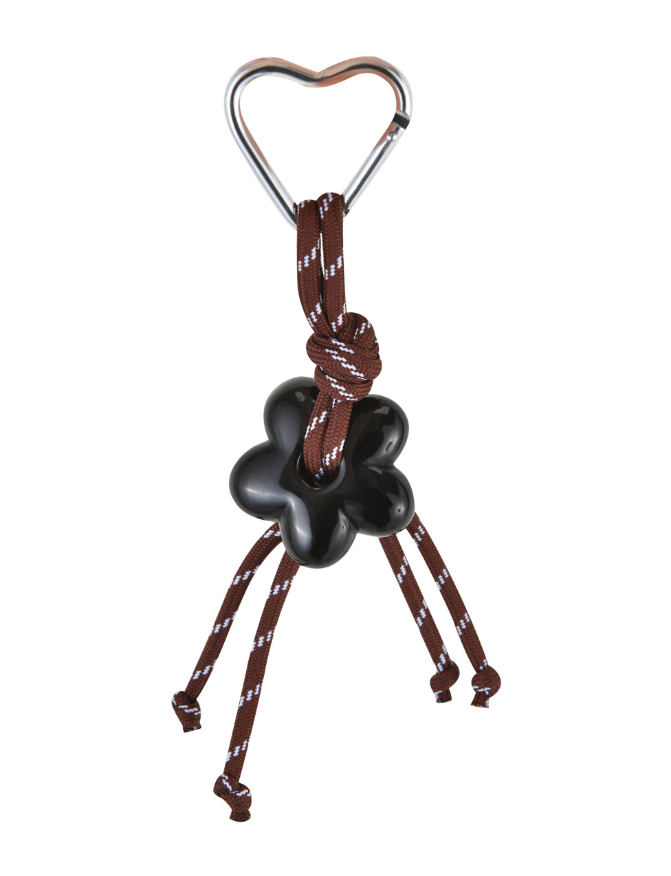 The MIRIAM KEYCHAIN - CHOCOLATE from TIGERMIST features a heart-shaped clasp carabiner securing an artfully knotted brown rope around a black flower charm, with four knotted ends cascading downward. This elegant yet functional piece is perfect for your keychain collection.