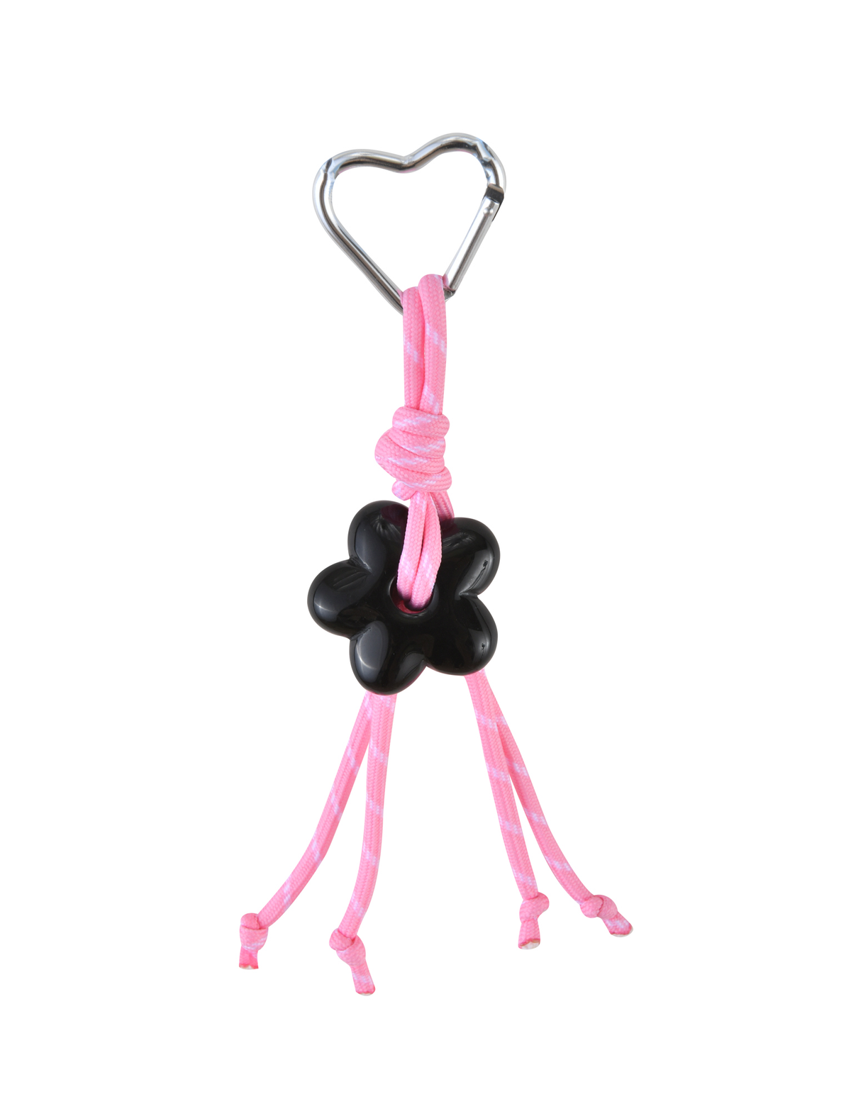 The TIGERMIST MIRIAM KEYCHAIN - HOT PINK features a metal heart clasp, pink cord, black flower-shaped bead, and four pink cord strands, shown isolated on a white background.