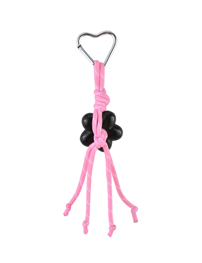 The TIGERMIST MIRIAM KEYCHAIN - HOT PINK features a heart-shaped metal ring, pink and white rope, and a central black flower charm, all displayed on a white background.