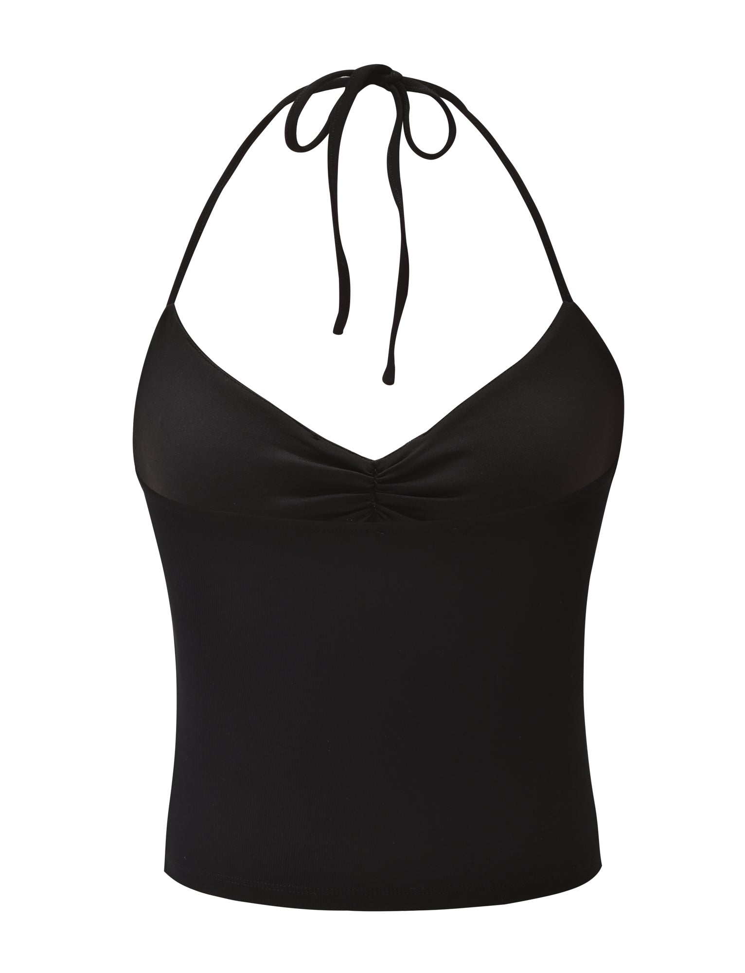 The CELESTINE TOP - BLACK by TIGERMIST is a fitted halter crop top with thin neck ties, center bust ruching, and an embroidered butterfly detail. Shown sleeveless on a plain white background.