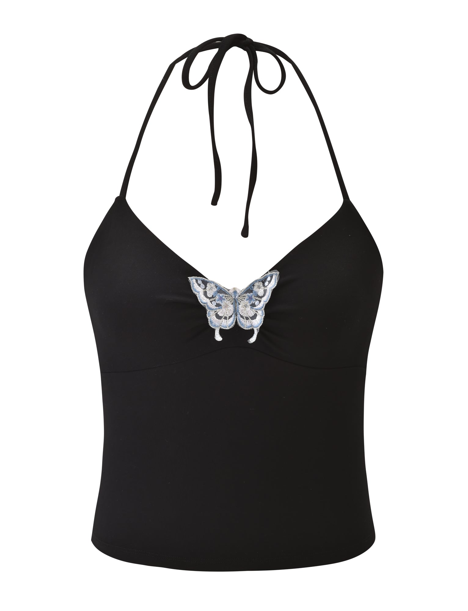 The TIGERMIST CELESTINE TOP - BLACK is a fitted halter top with thin tie straps at the neck and a blue and white embroidered butterfly centered on the chest.