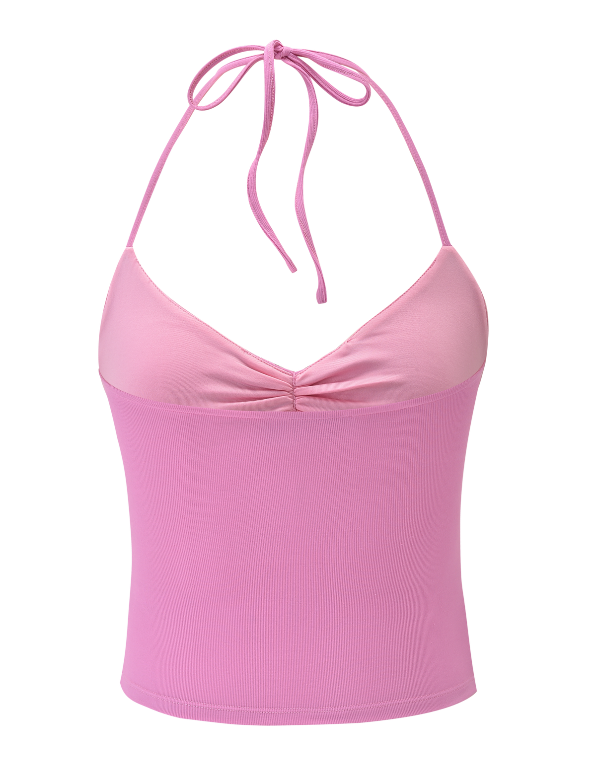 The CELESTINE TOP - PINK by TIGERMIST is a light pink halter neck crop top with ribbed fabric, ruched center detail, and adjustable neck tie, shown against a matching pink background.