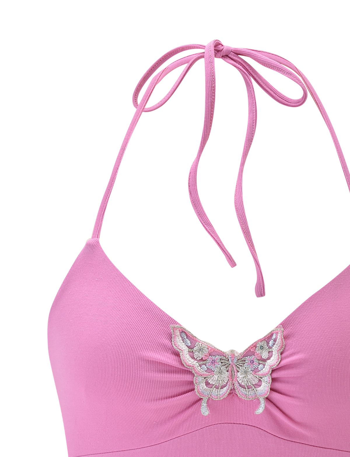 The CELESTINE TOP - PINK by TIGERMIST is a ribbed halter top with a neck tie and an embroidered butterfly at the center chest.