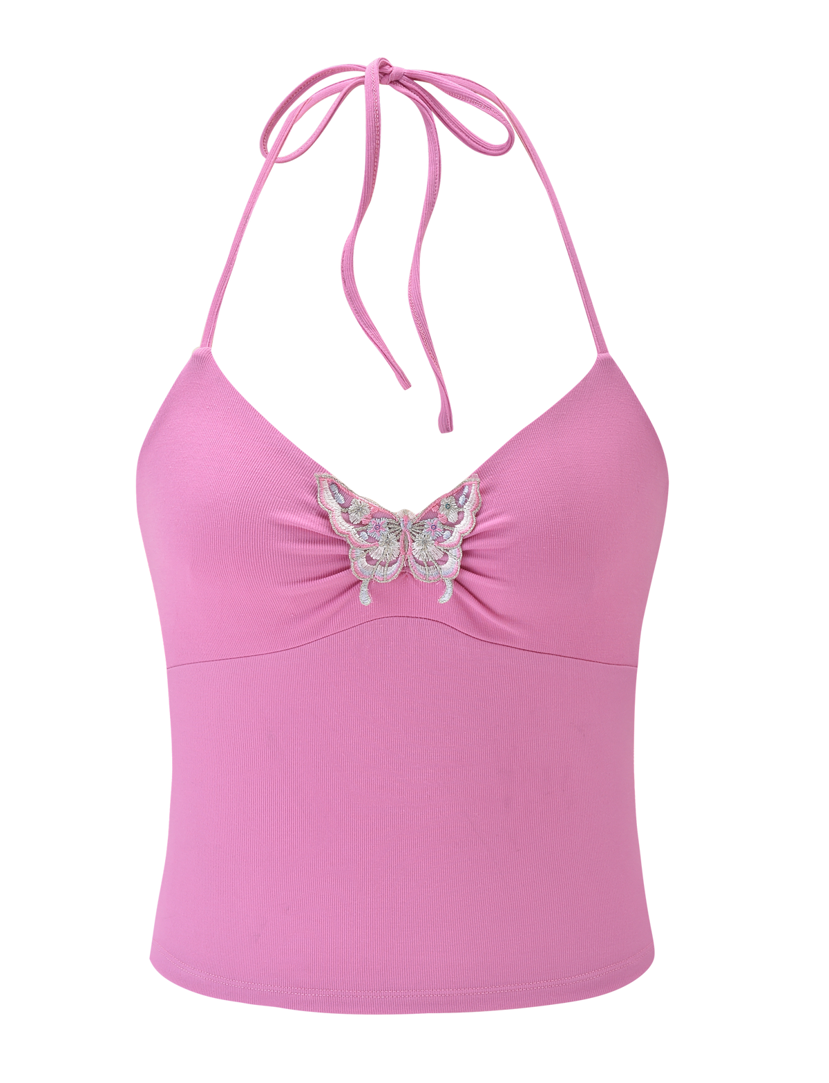 The TIGERMIST CELESTINE TOP - PINK is a ribbed halter top with a ruched front and decorative butterfly embroidery at the center chest.