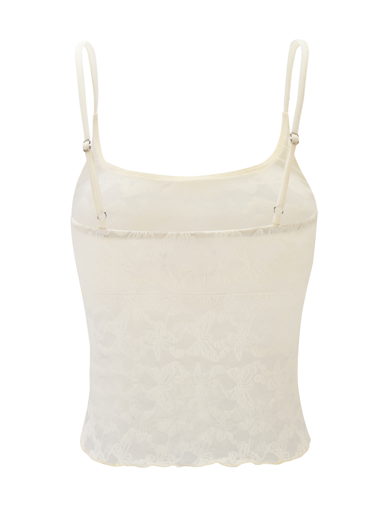 The TIGERMIST GIULIA 2PC TOP - IVORY LACE features thin adjustable straps, a subtle butterfly pattern, and semi-sheer lace. Its fitted, slightly cropped silhouette is ideal solo or layered under a lace cardigan.